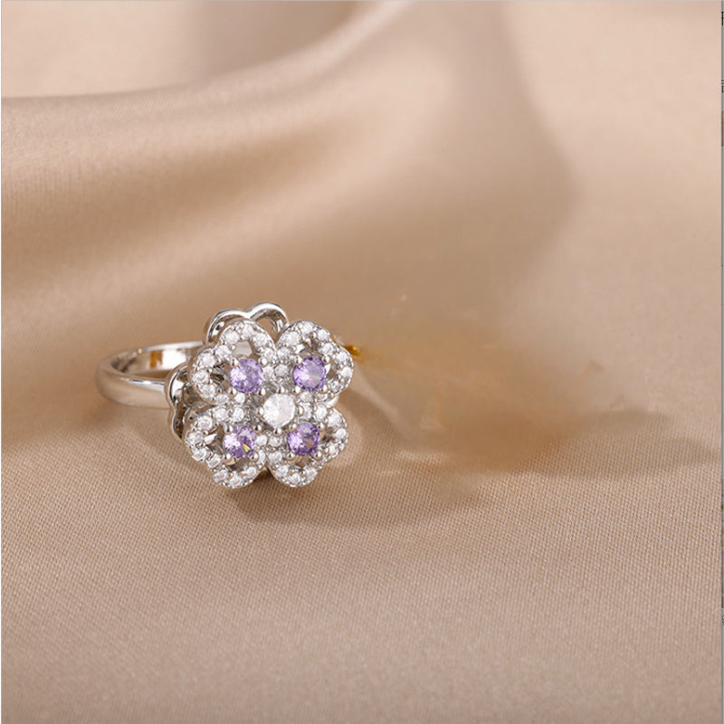 Sparkling Zircon Four-Leaf Clover Adjustable Ring | Vloy