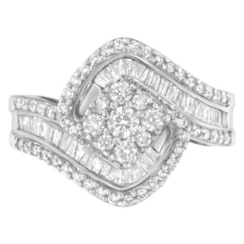 14K White Gold 1.0 Cttw Baguette & Brilliant-Cut Diamond Round Floral