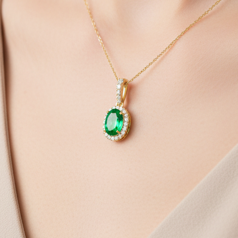14K Solid Gold Genuine Emerald Halo Diamond Necklace-0