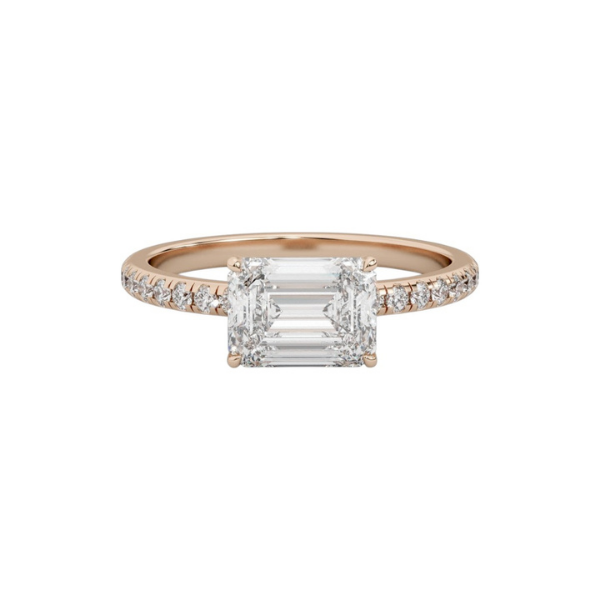 Classic Emerald Cut Sideways Pave Band 14K Solid Gold Diamond Ring