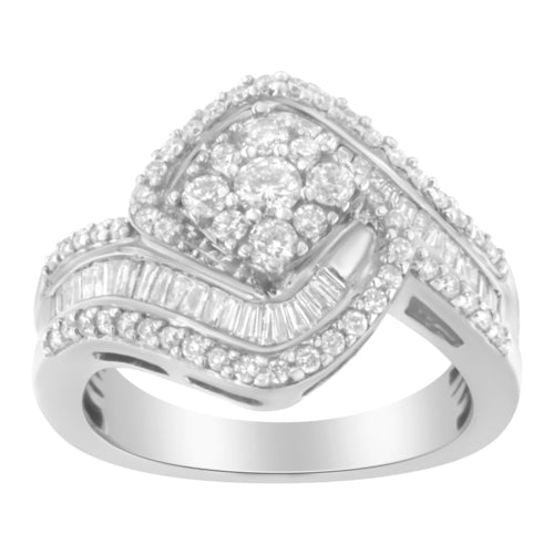14K White Gold 1.0 Cttw Baguette & Brilliant-Cut Diamond Round Floral
