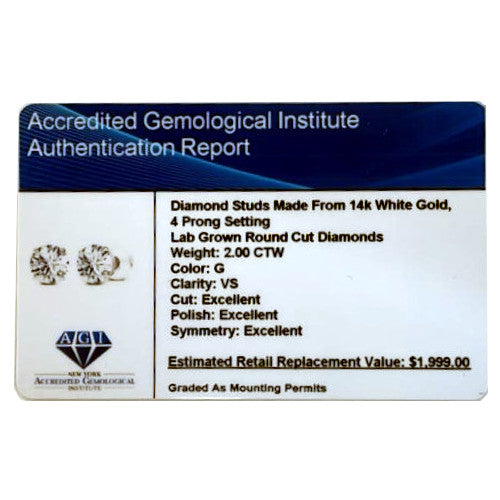 2.00 CTW AGI Certified Lab-Grown Diamond Stud Earrings | G/VS | USA Handcrafted Fine Jewelry
