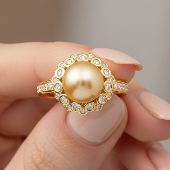 10 mm Champagne tone South Sea Pearl 14K Solid Gold Pearl Ring