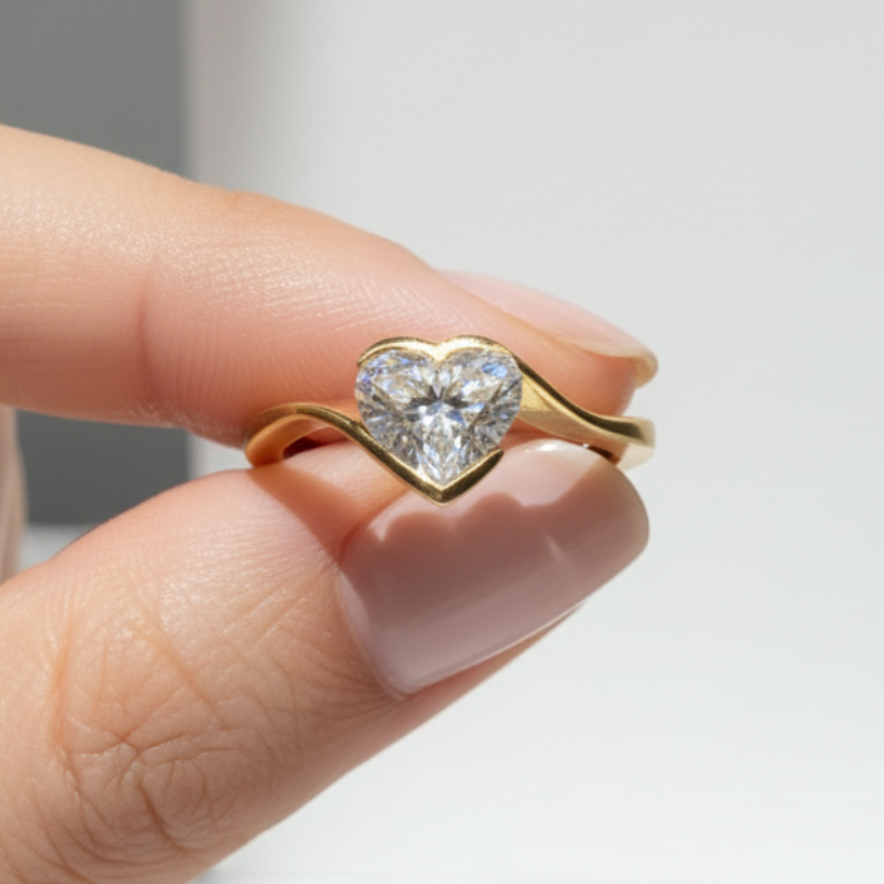 Heart Shape Solitaire Diamond Bypass Setting 14K Solid Gold Ring