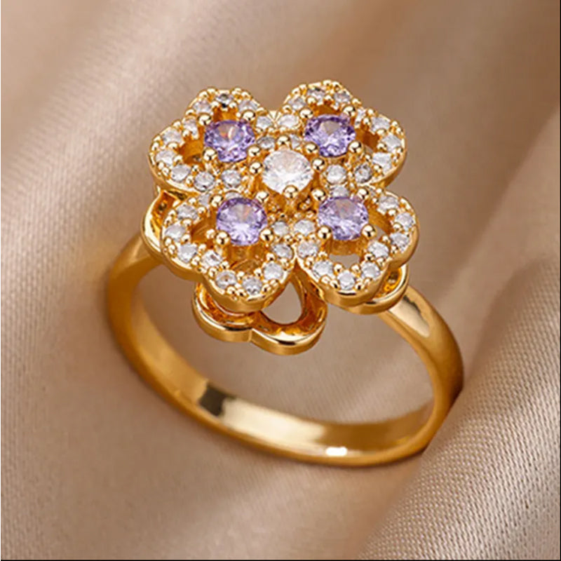 Sparkling Zircon Four-Leaf Clover Adjustable Ring | Vloy
