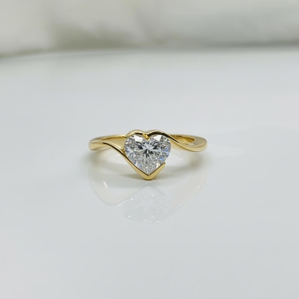 Heart Shape Solitaire Diamond Bypass Setting 14K Solid Gold Ring