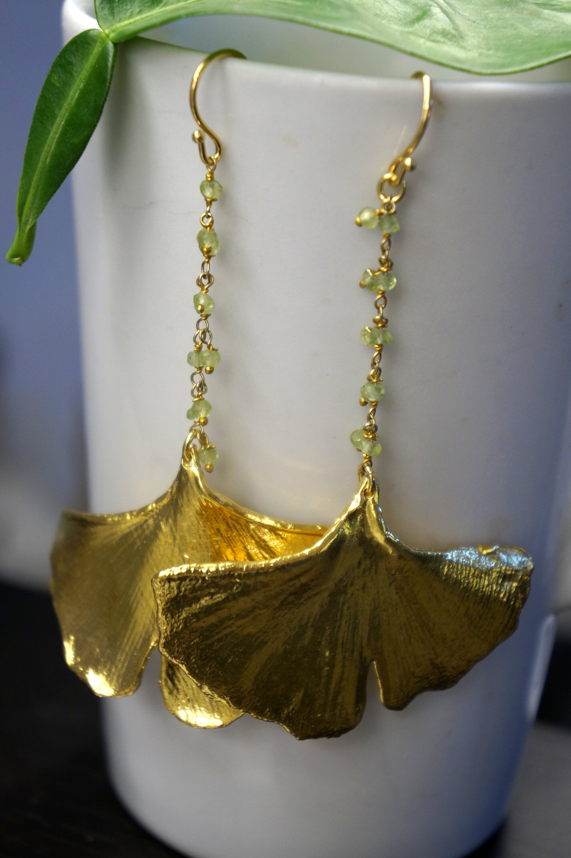 Ginkgo Leaf Earrings: Long Gold Dipped on Sterling Silver