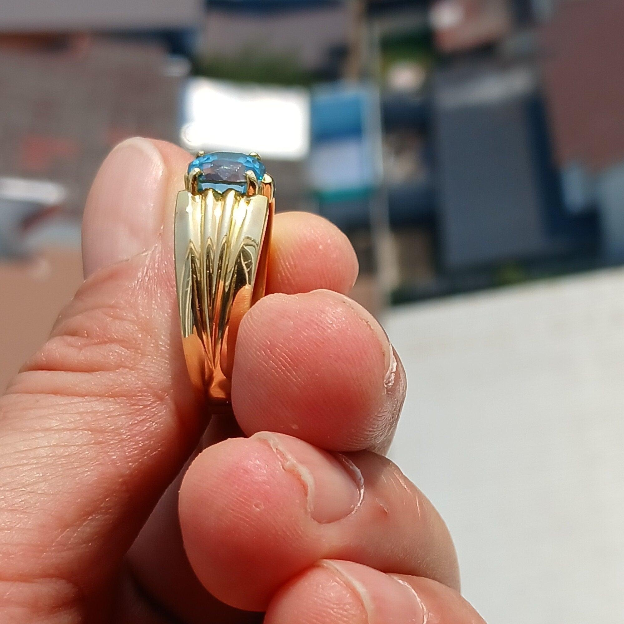 18K Yellow Gold Ring, Blue Zircon Gold Ring, Men's 18K Gold Ring, Men's Ring, oval Blue Zircon, Minimalist Gold Ring, Gift for Him - Size 13