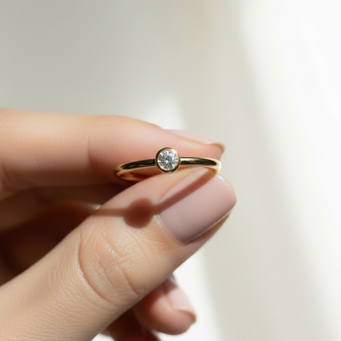 Regular Bazel setting 14K Solid Gold Diamond Fashion Ring for Her