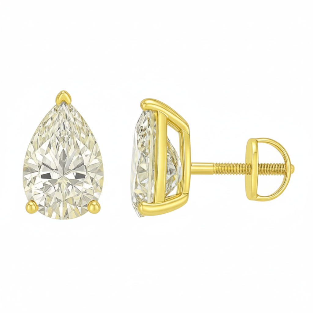Pear Cut Prong Setting Solitaire Diamond 14K Solid Gold Earrings Stud - IGI Certified