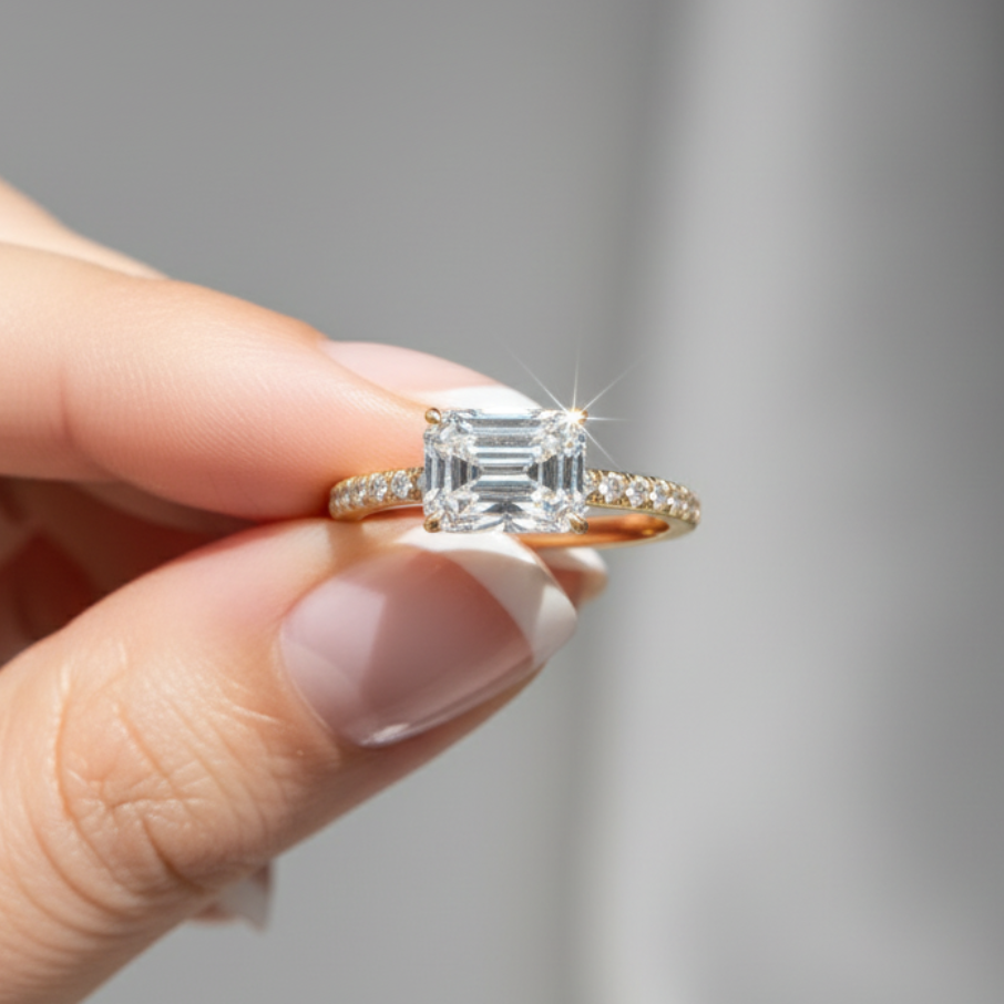 Classic Emerald Cut Sideways Pave Band 14K Solid Gold Diamond Ring