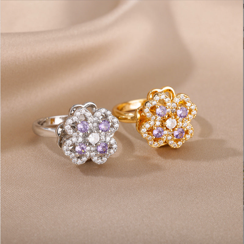 Sparkling Zircon Four-Leaf Clover Adjustable Ring | Vloy