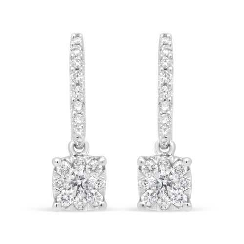 14K White 1/2 Cttw Round Diamond Halo Dangle Hook Earring - (H-I bingut-4b.myshopify.com product_type