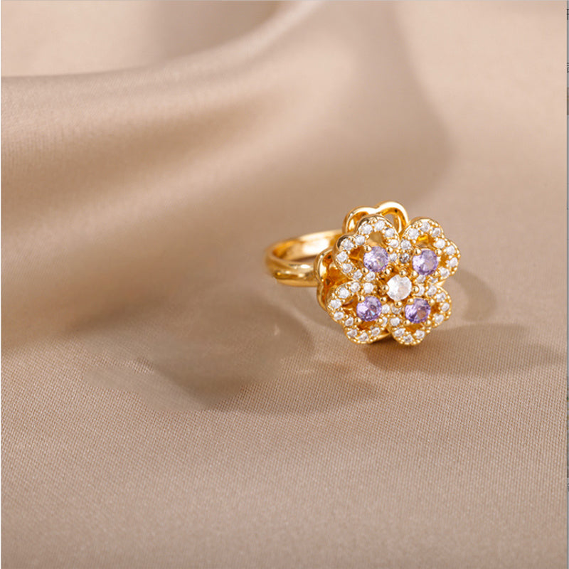 Sparkling Zircon Four-Leaf Clover Adjustable Ring | Vloy