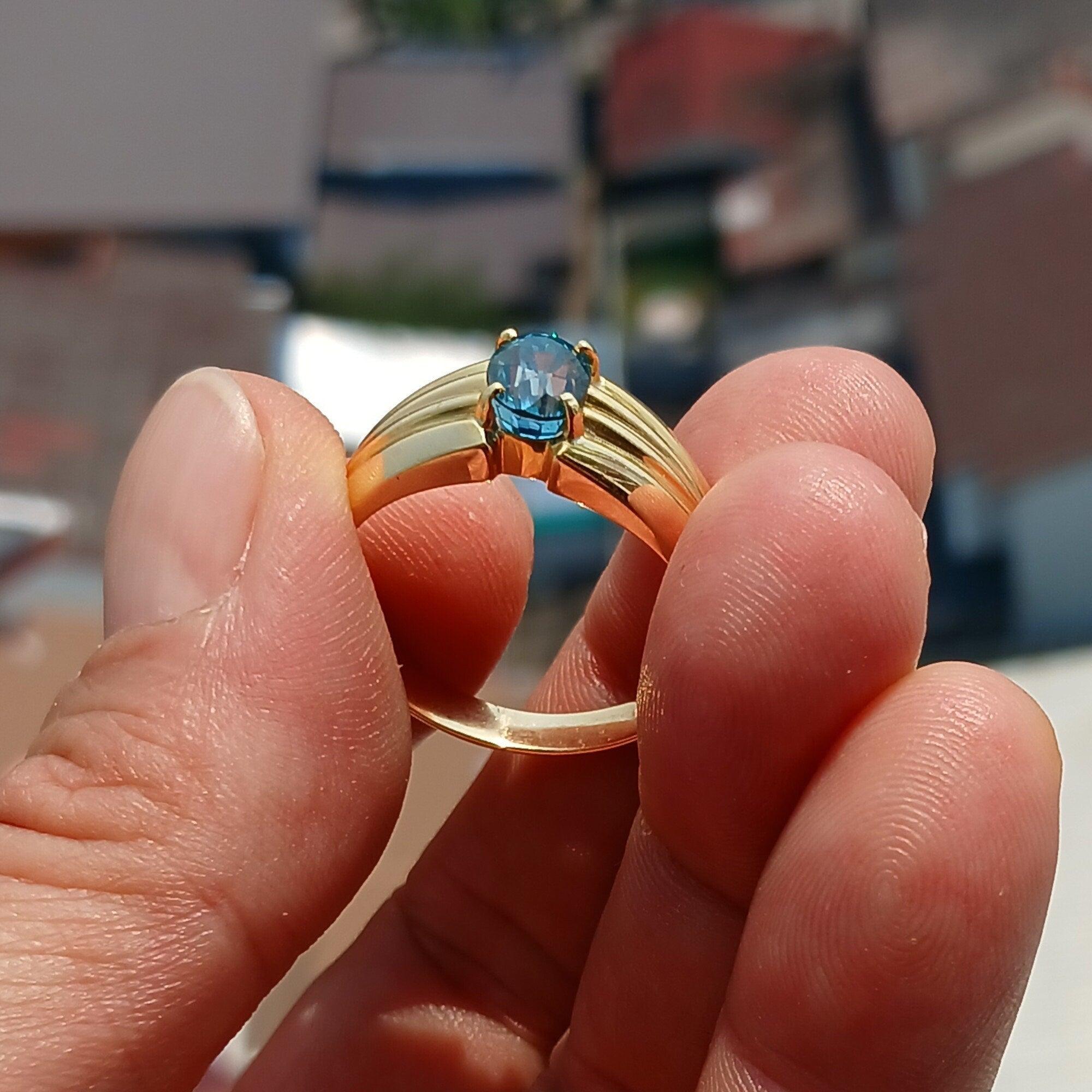 18K Yellow Gold Ring, Blue Zircon Gold Ring, Men's 18K Gold Ring, Men's Ring, oval Blue Zircon, Minimalist Gold Ring, Gift for Him - Size 13