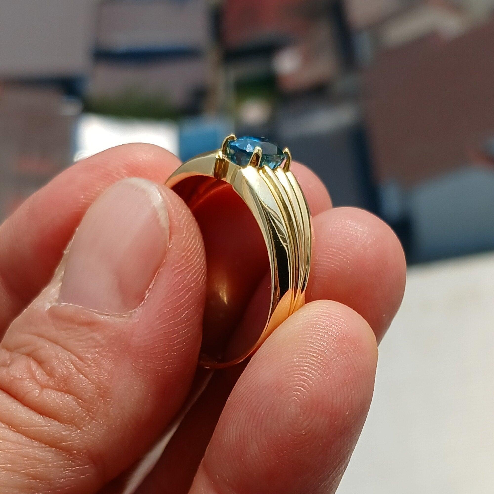 18K Yellow Gold Ring, Blue Zircon Gold Ring, Men's 18K Gold Ring, Men's Ring, oval Blue Zircon, Minimalist Gold Ring, Gift for Him - Size 13